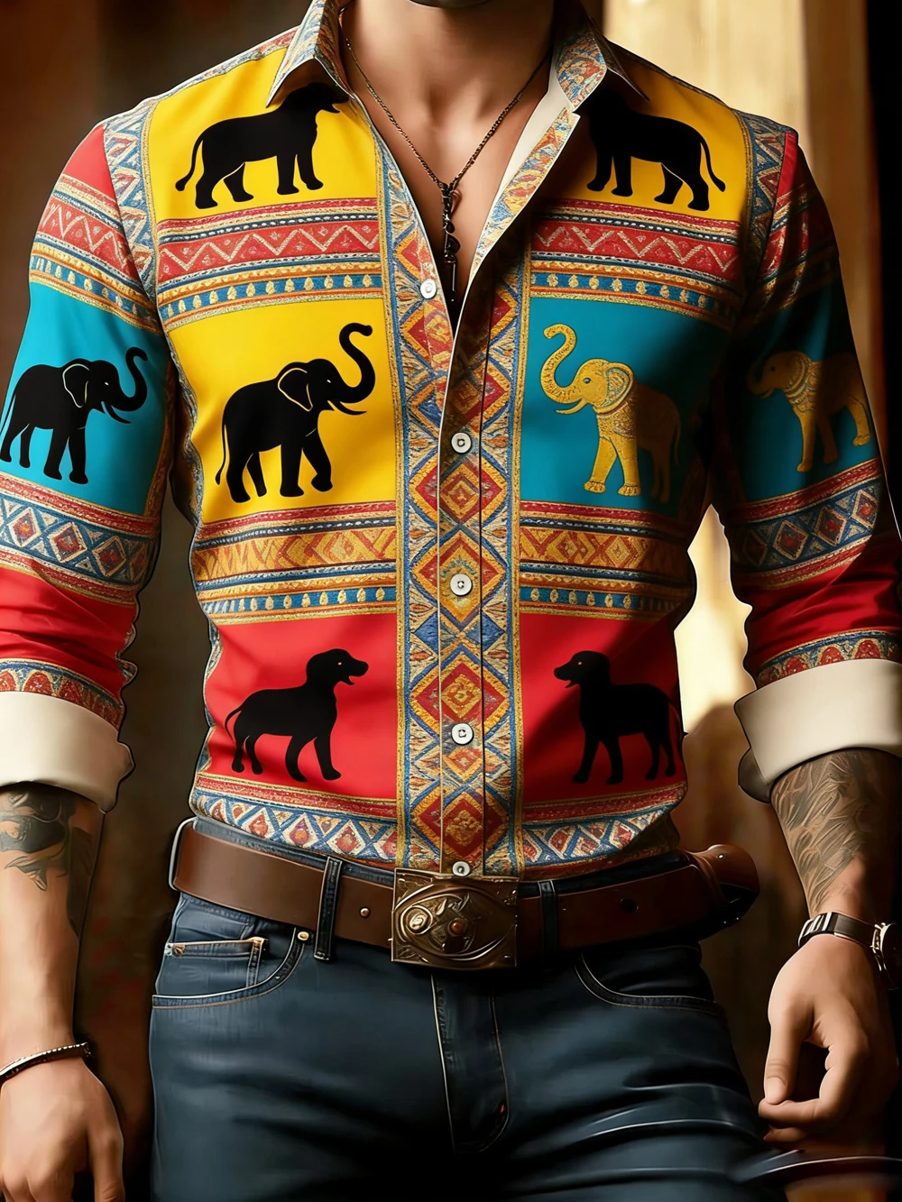 

New Men's Ethnic Totem Elephant Peacock 3D Printed Multi-color Shirt Hawaiian Casual Fashion Shirt Men Simple Business Clothes