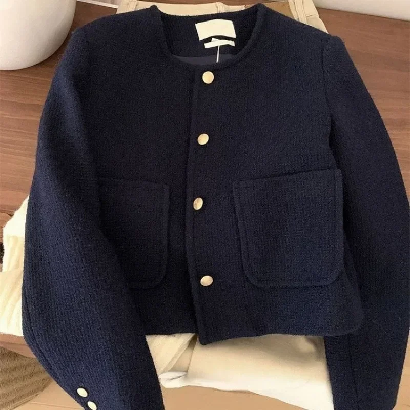 

Vintage Style Purplish Blue Tweed Jacket Round Neck French Elegance Commuting Spring Autumn Trendy Fashion Outerwear