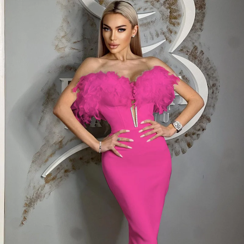 2025New Product Launch: Luxurious FeathersVCollared Strapless Bandage Dress Fashionable Evening Party Gown