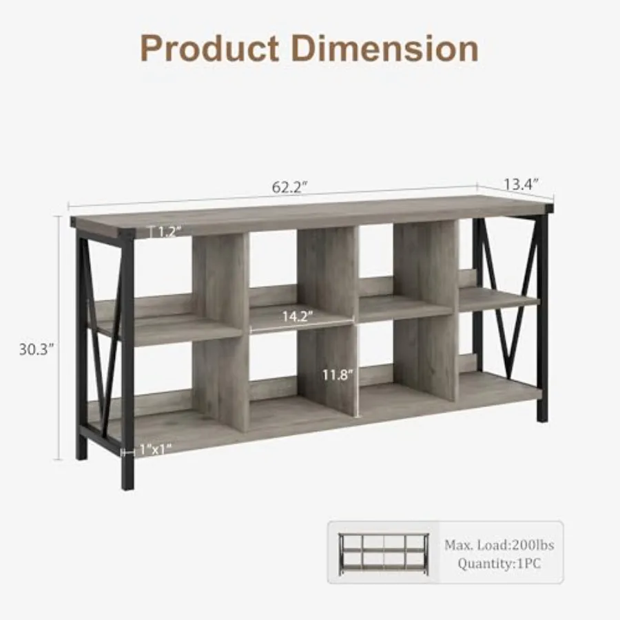 Storage Organizer Bookshelf: 62 Inch Horizontal Industrial Metal Frame Bookcase in Black for Living Room, Entryway Table, Home