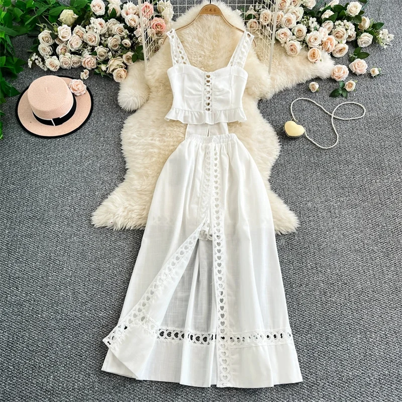 

French Chic Holiday White Two Pieces Set Fashionable Heart-shaped Hollow Bow Top & Split Midi Skirt Sets Designer Beach Outfits