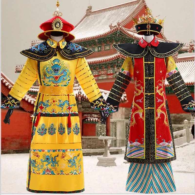 จีน Qing Dynasty Royal Dragon Robe Manchu จักรพรรดิ Queen High-End ปักเครื่องแต่งกายเสื้อผ้าการถ่ายภาพชุด