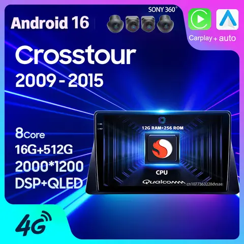 Android 16 Carplay Auto WIFI+4G For Honda Crosstour 1 TF 2009 2010 - 2015 Car Radio GPS Multimedia Video 2 Din Player DSP Stereo