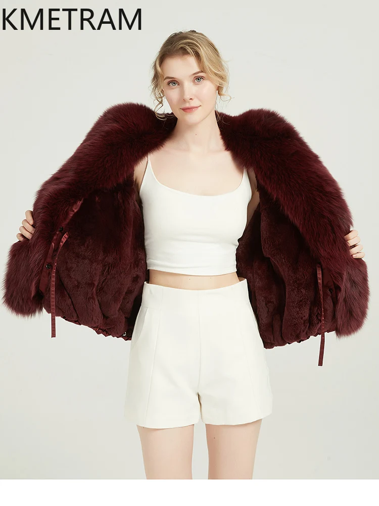 KMETRAM-abrigos de piel de conejo Rex Natural para mujer, Parka de doble cara, chaqueta, cuello de piel de zorro corto de invierno, 2025