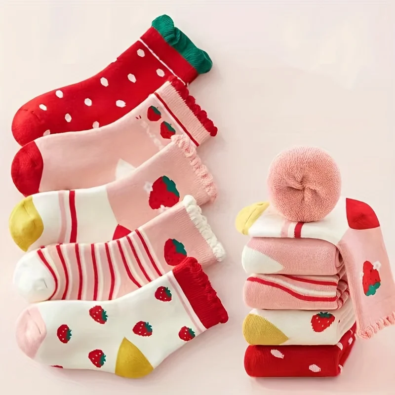 5 Pairs Toddler Cartoon Strawberry Cotton Socks  Breathable Soft Mid Socks, Lovely Ruffled Edge Kids Casual Socks