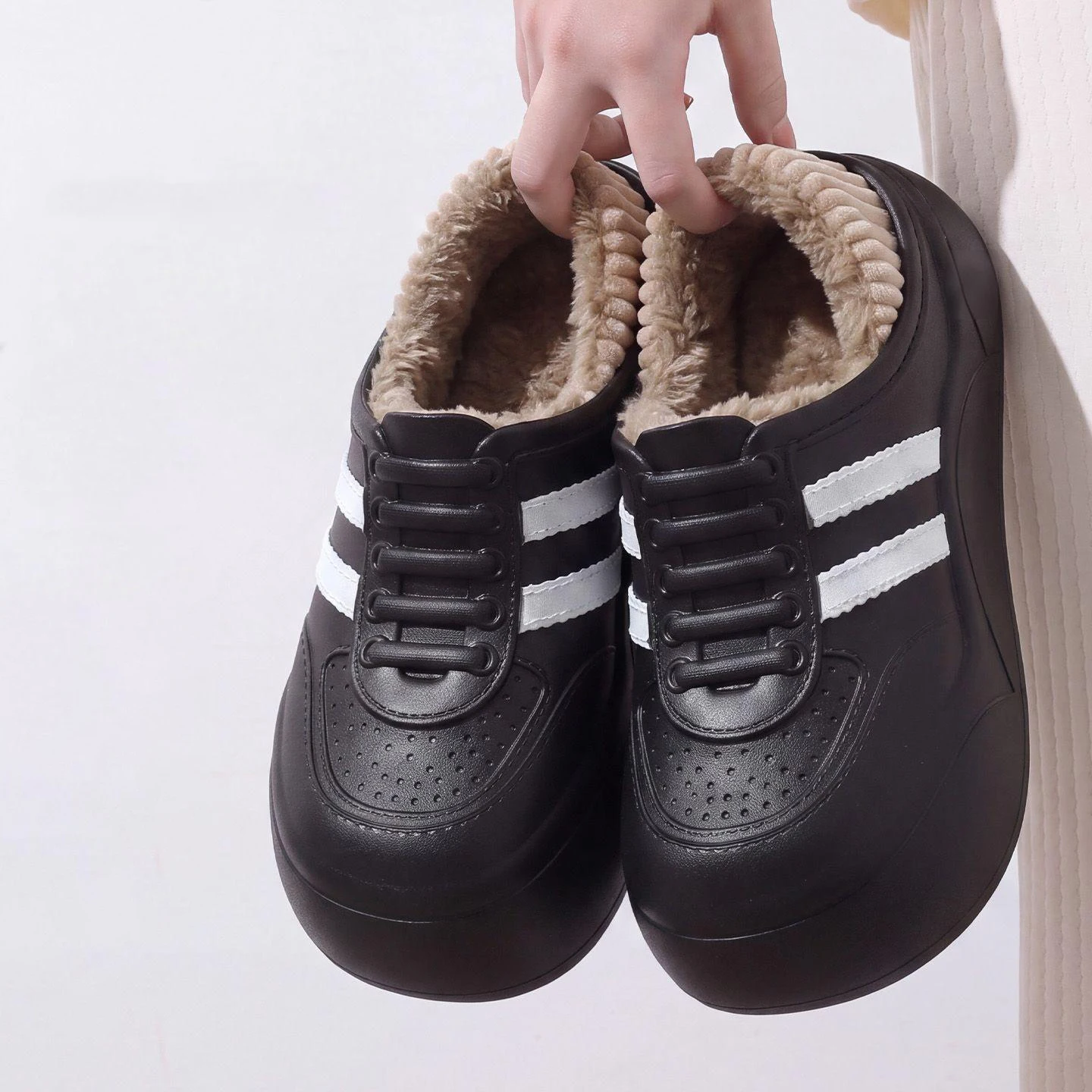 Waterproof Home Furry Slippers Woman Man Couple Fur Striped Sneakers Men Indoor Outdoor House Shoes Adult Closed Back Shoes