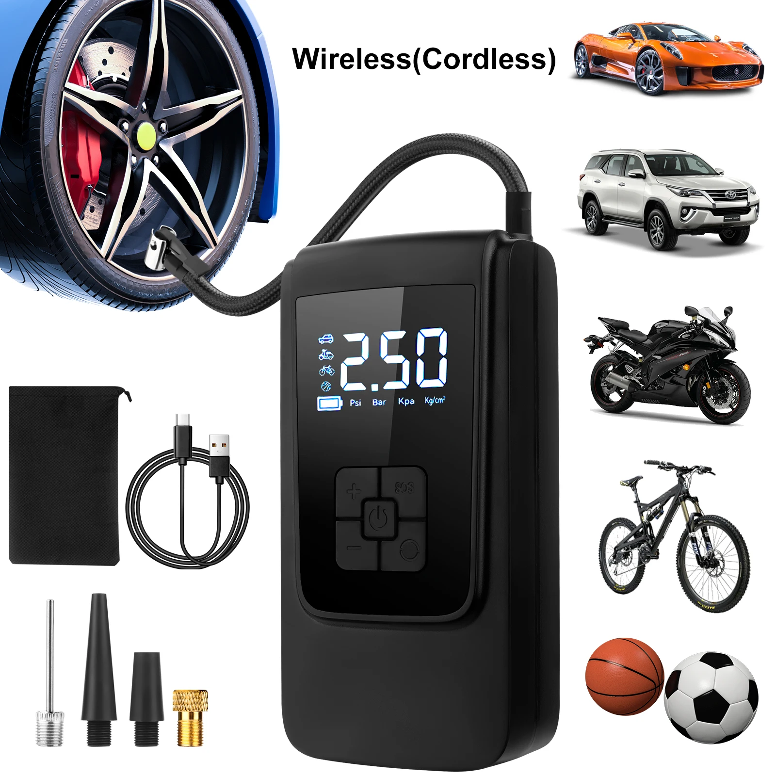 

Портативный беспроводной автомобильный воздушный насос, электрический компрессор для накачки шин с ЖК-дисплеем для автомобилей, мотоциклов, велосипедов и мячей