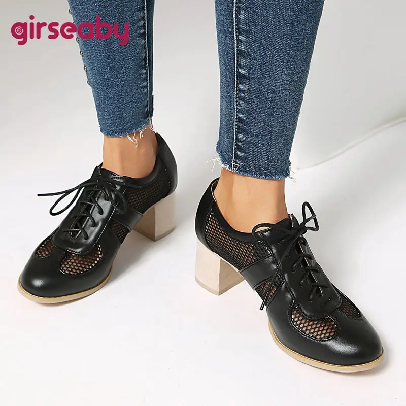 

Girseaby 2025 Женские туфли-лодочки для отдыха с круглым носком и блочным каблуком 5,5 см, шнуровка, дышащая сетка, смешанные, большой размер 41, 42, 43 Мягкая повседневная обувь