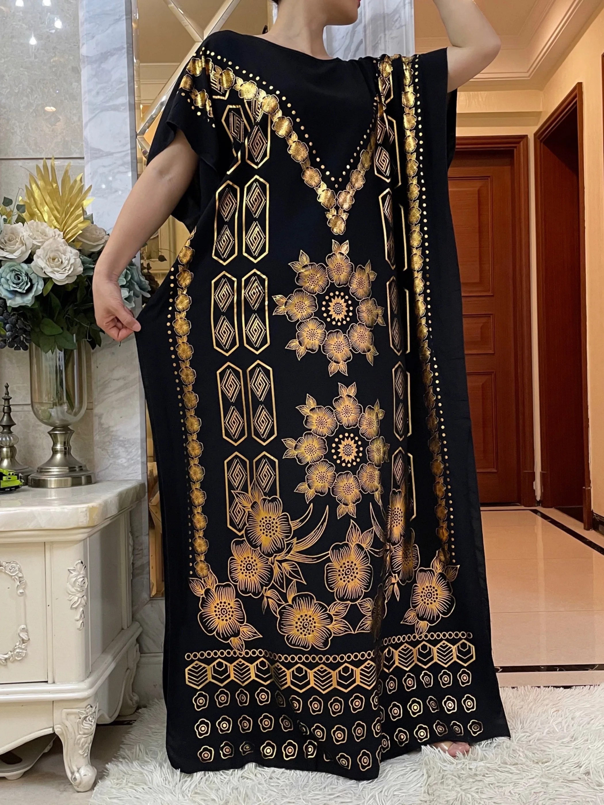 2024 New Summer Loose Short Sleeve Cotton Robe Gold Stamping  Boubou Maxi Islam Femme Dress With Big Scarf African Abaya Clothes