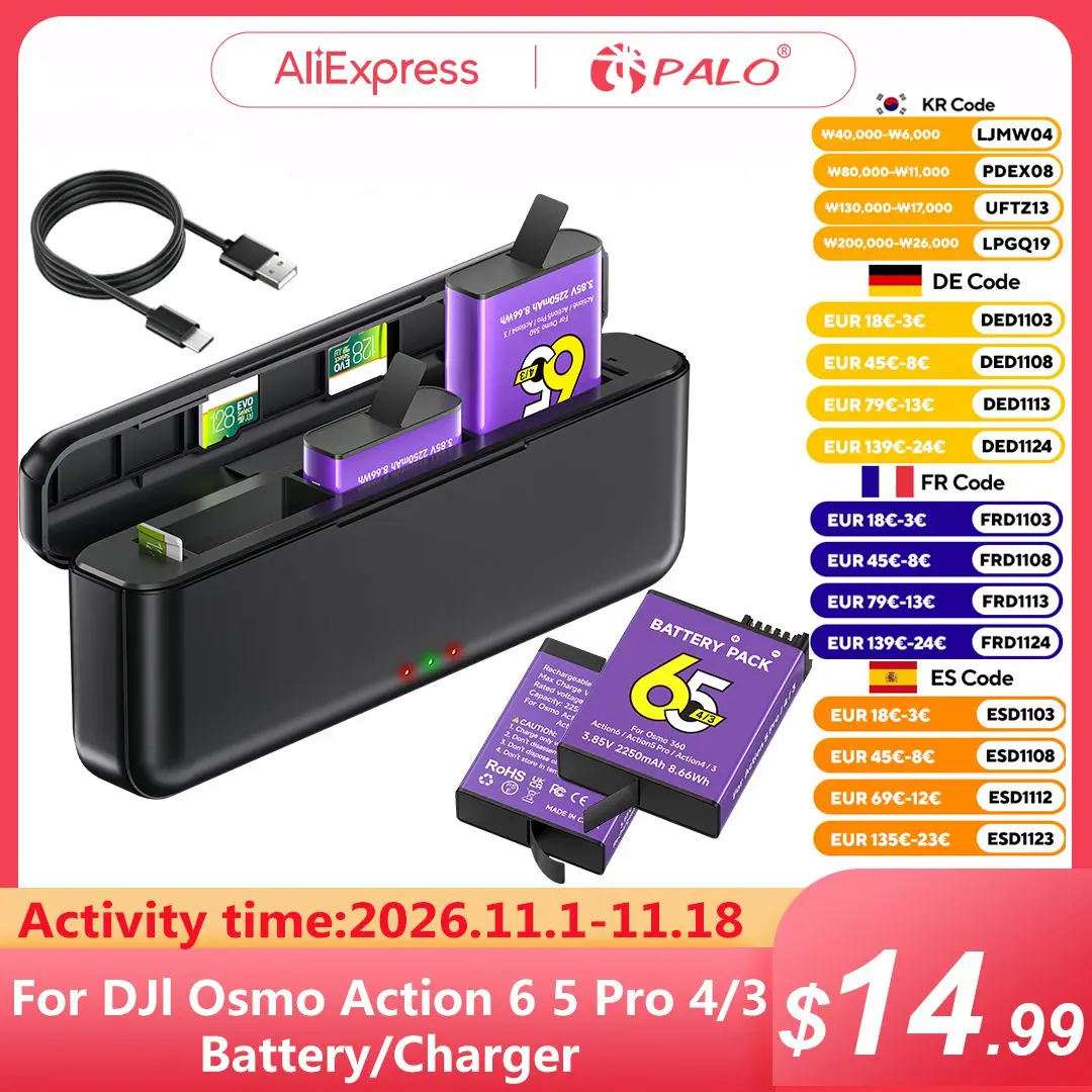 2250mAh For DJI Osmo Action 6/5 Pro Battery + 3-Slot Charger For DJI Osmo Action 5 Pro 4 3 Osmo 360 Sports Camera Accessories