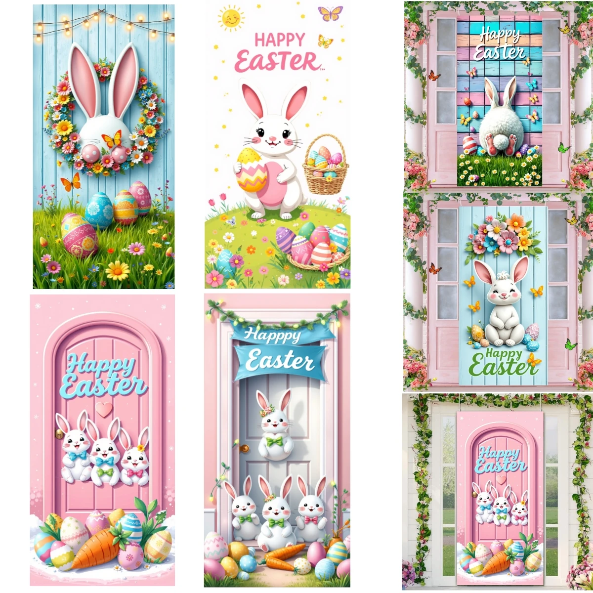 Happy Easter Bunny Door Cover Background Spring Easter Door Curtain Hanging Decor Banner Festival Celebration Party Porch Decor