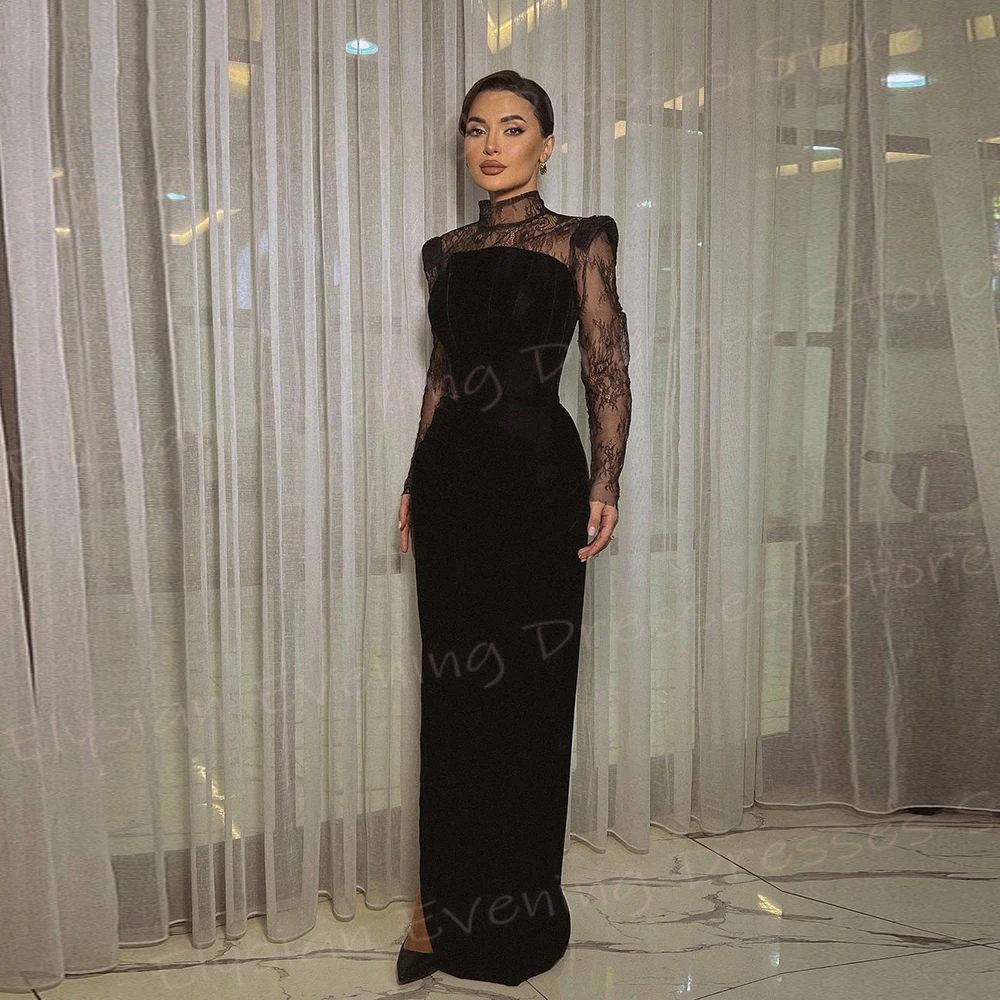 2025 Sexy Women\'s Mermaid Black Evening Dresses High Neck Prom Gowns Simple Long Sleeve Formal Party Customized Vestido De Noche