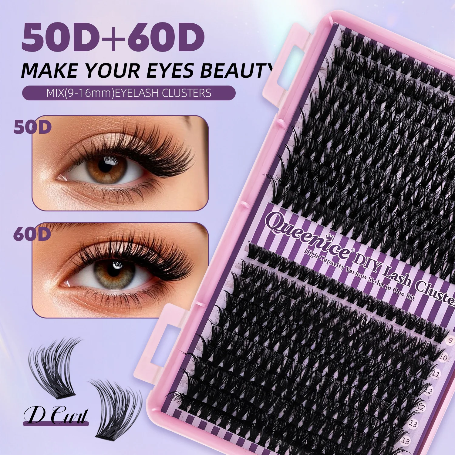 Queenice New DIY Eyelash Extension Kit 4 Styles D Curl Individual False Eyelashes with Bond & Seal Glue, Tweezers & Brush