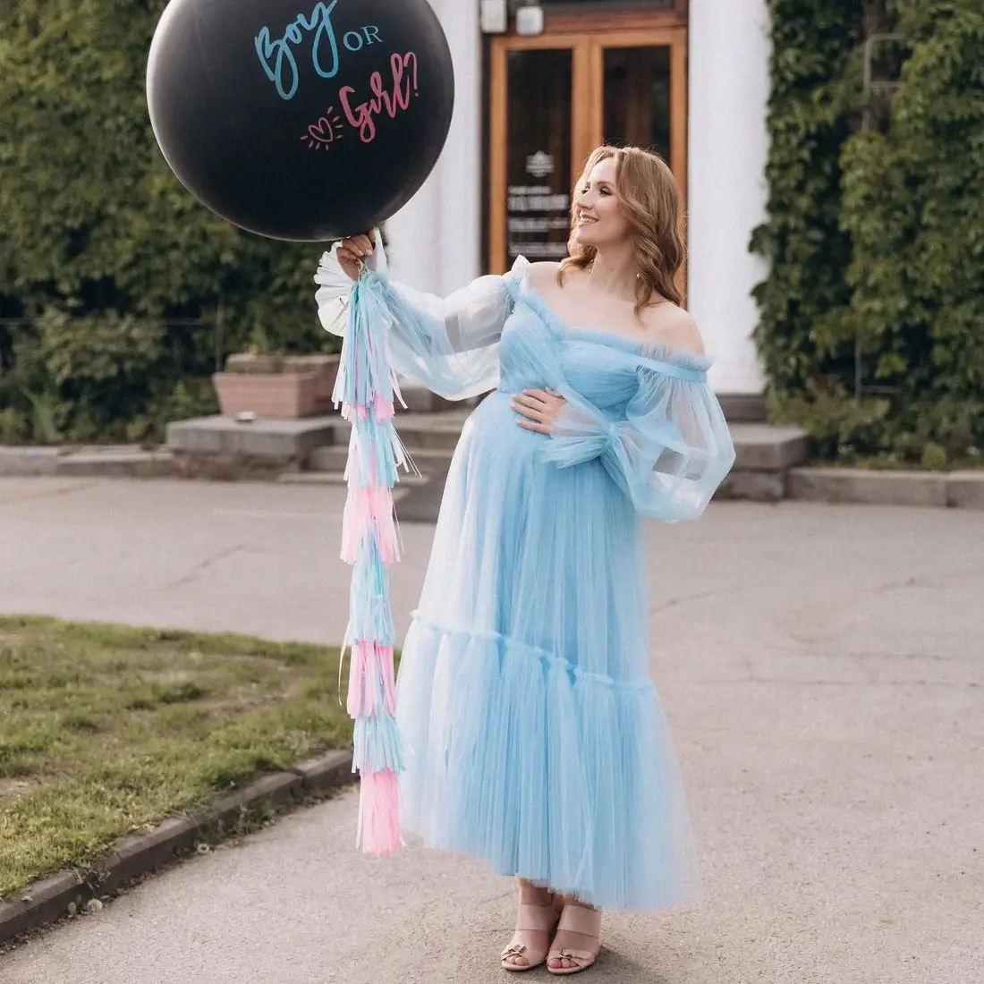 Off Shoulder niebieskie szaty ciążowe do fotografii Ruffles długie rękawy damskie sukienki długość do herbaty dostosowane suknie na Baby Shower