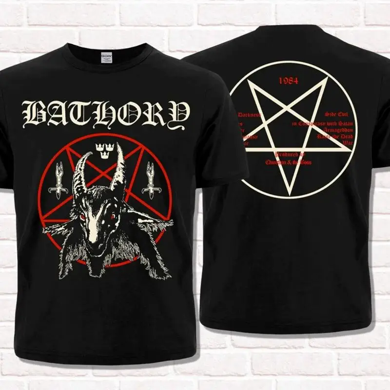

Bathory T Shirt album design 1984 Thrash Black Metal Pentagram with Goat