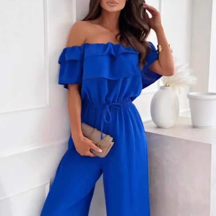 Jumpsuit, women's wear, ladies' pants, spring best-seller women's wear, one-piece neckline pure color waist-hugging jumpsuit