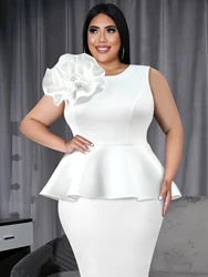 White Peplum Blouses for Women Plus Size 3XL 4XL Tank Sleeveless Flower Appliques High Waist Ruffles Casual Evening Party Tops