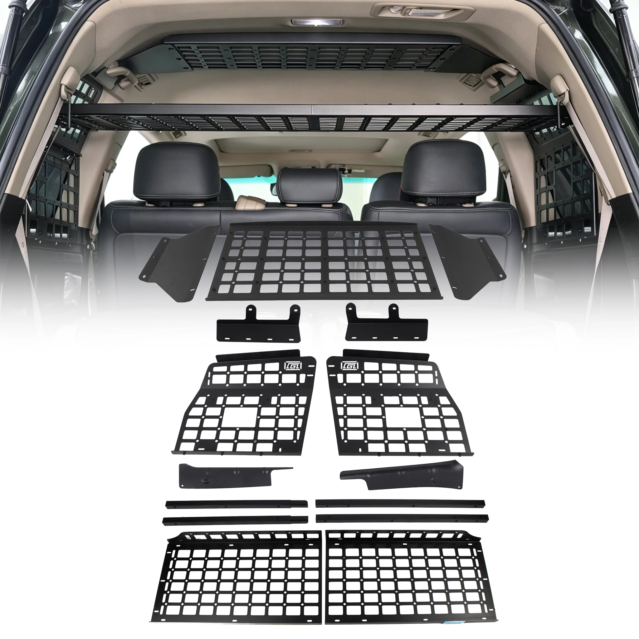 For Toyota Land Cruiser LC200 J200 2008‑2021 7/8 Seats, Rear Trunk Complete Storage Kit with Interior Roof Shelf & MOLLE Panel,