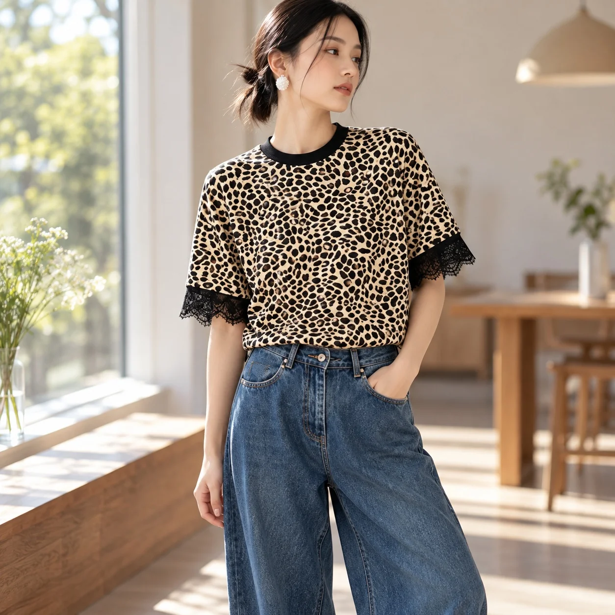 Patchwork Loose Fit Top Mid Length Japanese Korean Casual with Round Neck Short Sleeve Pullover Summer T Shirt for Women