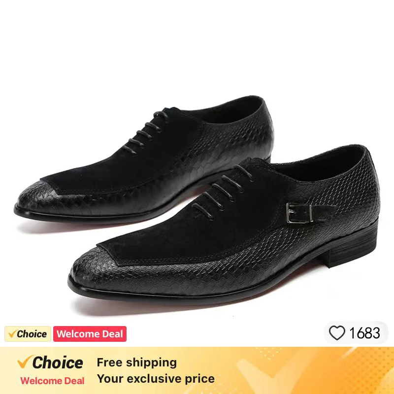 

Luxury Men Oxford Shoes Lace up Toe Black Formal Men Shoes Dress Shoes Suede Patchwork Crocodile prints Leather Shoes Men