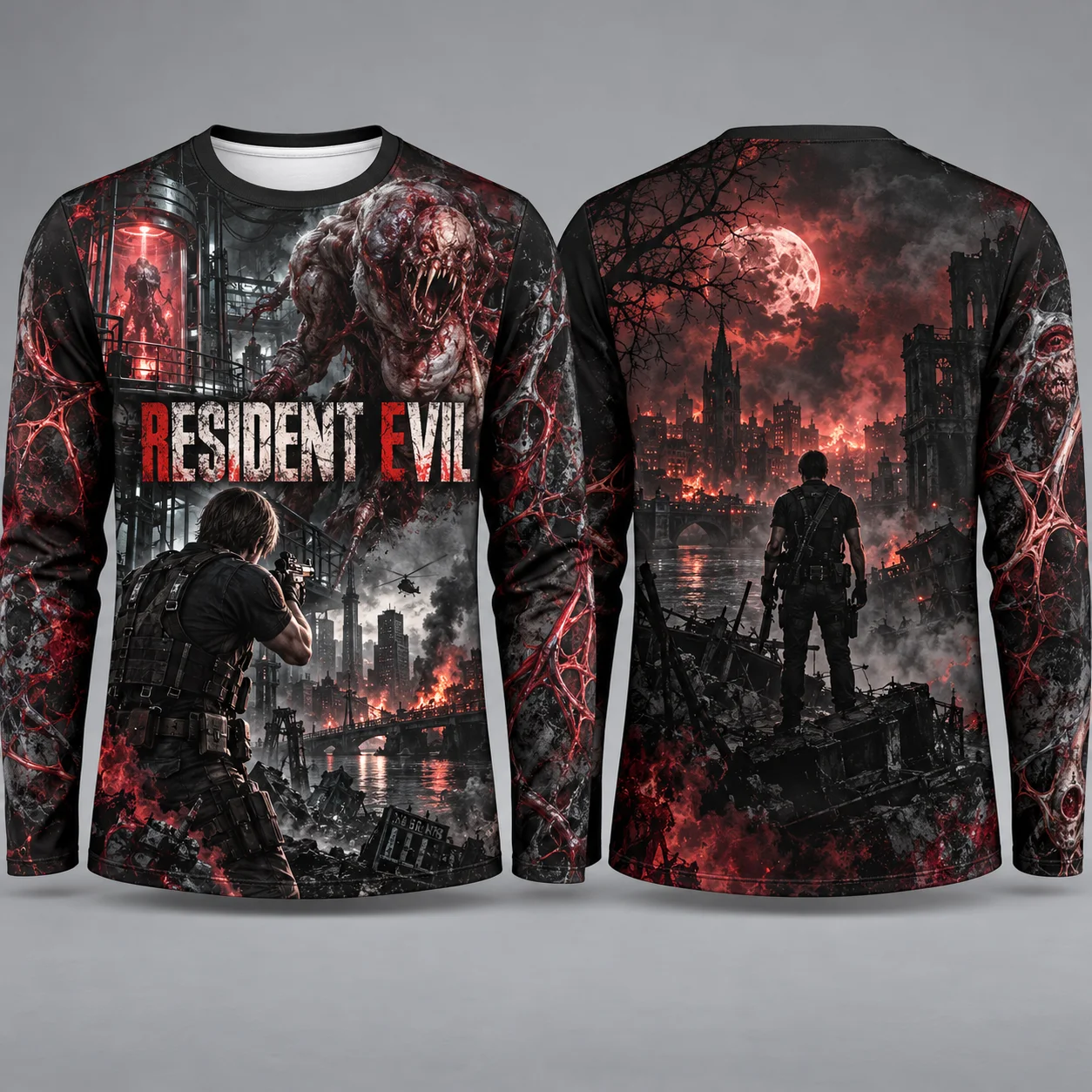 Resident Evil 3D All Over Print Long Sleeve Shirt Men Double Sided Zombie City Horror Game Graphic Long Sleeve Tee Streetwear