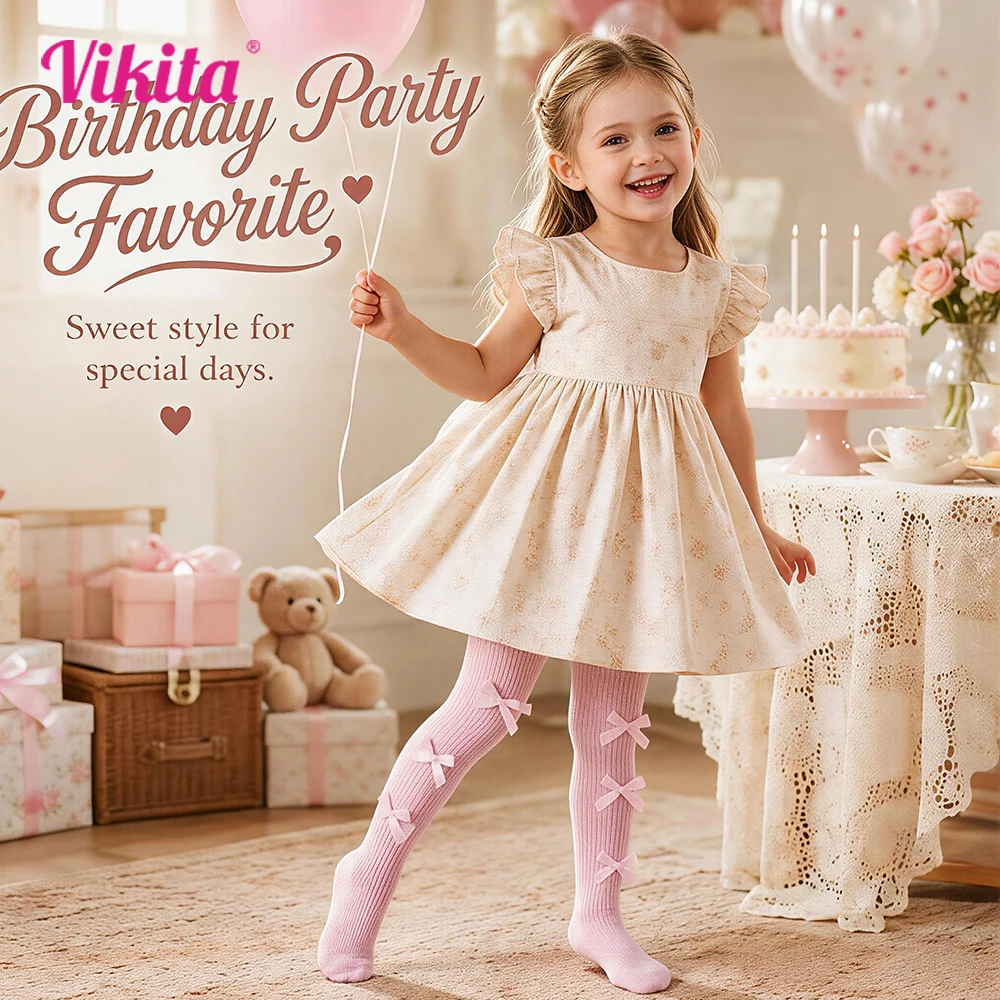 VIKITA Girls Pink Ribbed Tights with Bows Kids Soft Stretch Knitted Sweet Cute Princess Party Daily Stockings Pantyhose Leggings