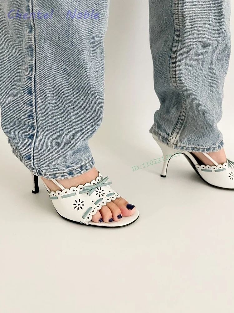 Leather Eyelet Bow Sandals Round Open Toe Back Strap Buckle Thin High Heels Design Women Shoes 2024 New Arrivals Summer Dress