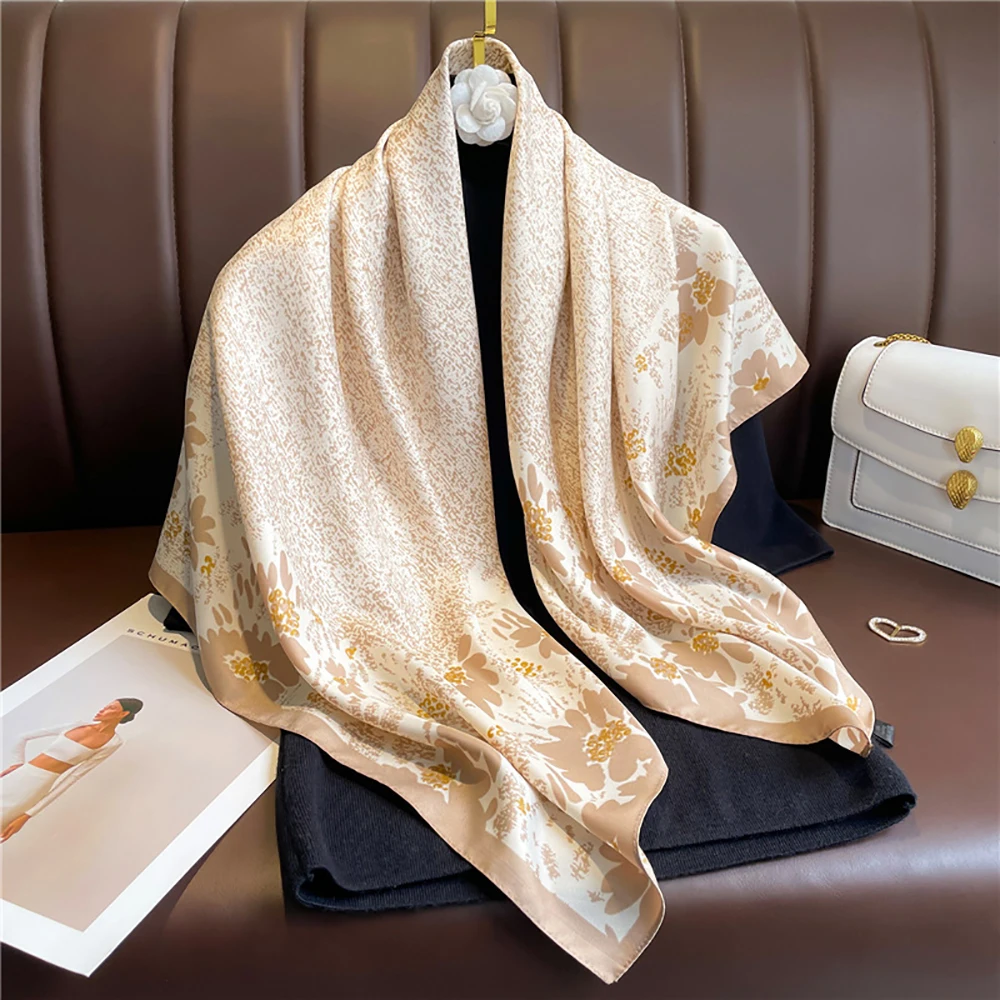 Drucken Twill Satin 90 cm Quadrat Schal Frauen Luxus Floral Haar Halstuch Schal Wraps Bandanda Hijab Foulard Kopf Band Echarpe