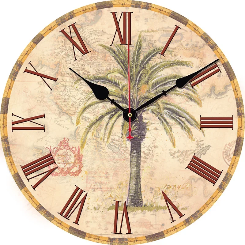 Vintage Coconut Palm Tree Round Wall Clock Large Dinning Restaurant Cafe Decor Wall Clock Silent Non-Ticking Nice For Gift