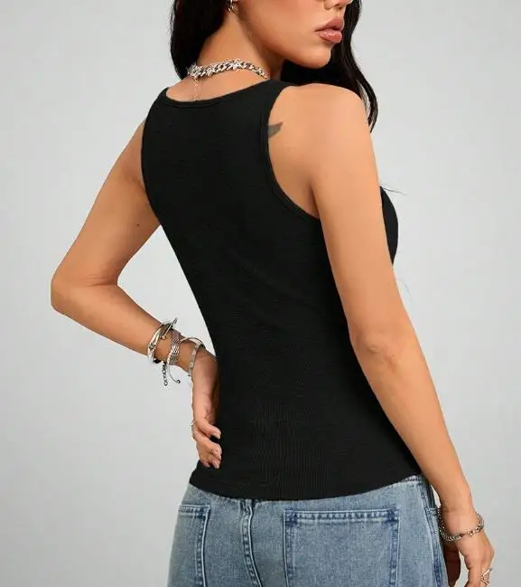 

Summer Solid Color Round Neck Sexy Hot Girl Sleeveless Slim Fit Short Crop Top with Exposed Navel, Women's Tight Fitting Vest