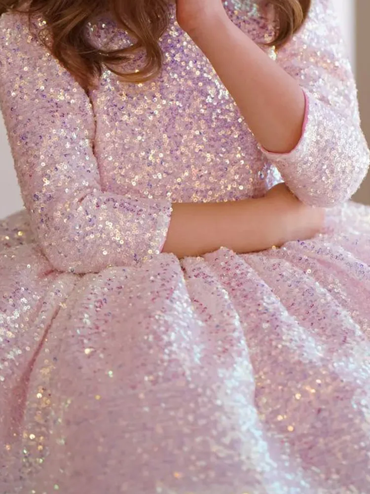 Kids Dress for Girls Wedding Sequins pink Dress Princess Long sleeved Party Pageant Formal Gown For Teen Children Dress