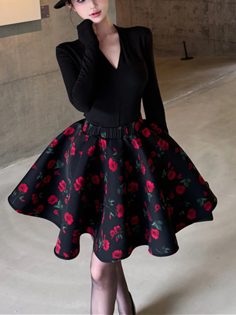 

New Fashion Hepburn Style V-Neck Long-Sleeve Cropped Top +Rose Print High Waist Puffy Skirt Sets Elegant 2 Piece Set for Women