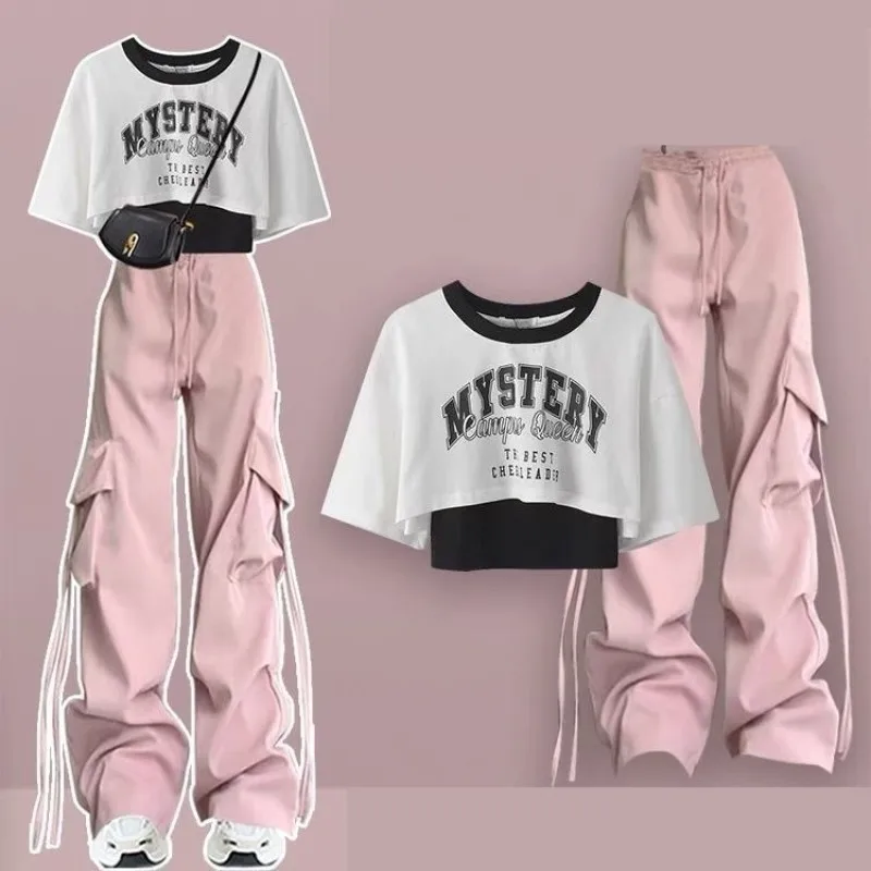 2026 Summer New Girl Casual Sportswear Matching Set Korean Loose Short-sleeved T-shirt+Sling+Cargo Wide Leg Pants 3 Piece Suit