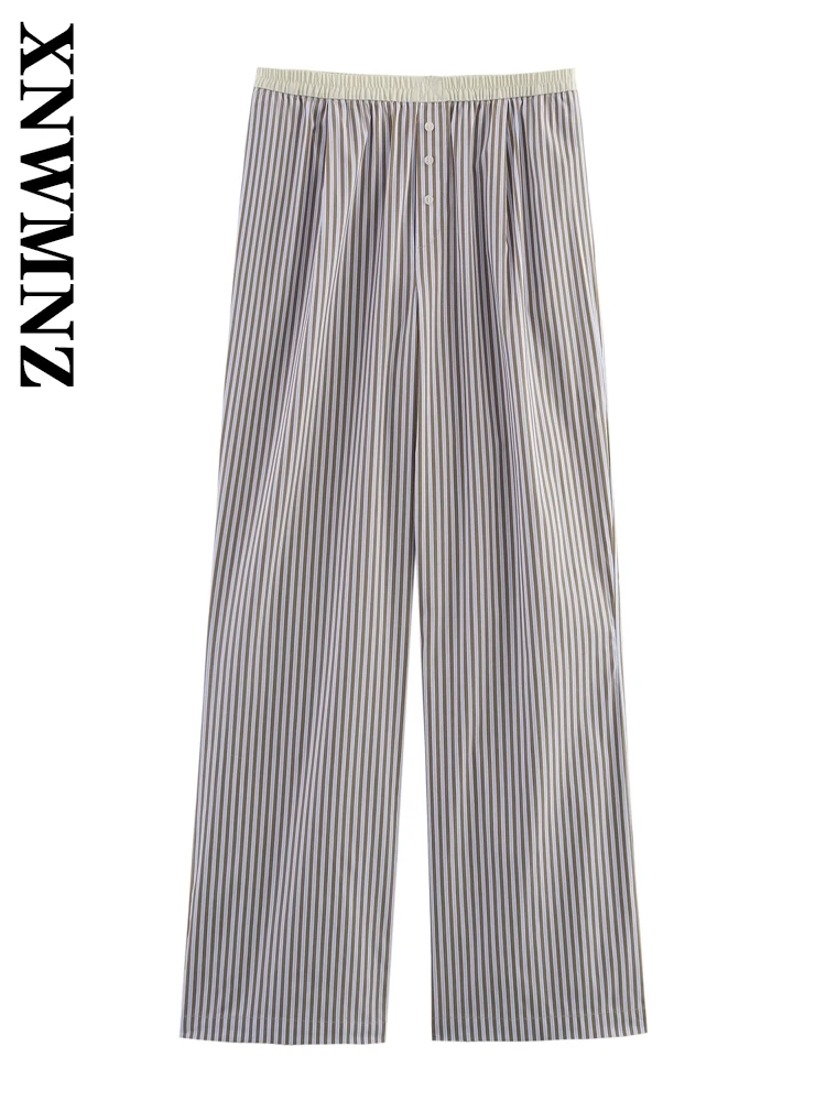 

XNWMNZ 2025 Summer New Woman Vintage Button High Waist Long Pants Chic Female Bottoms Loose Fit Wide Leg Pants Ruffles Striped