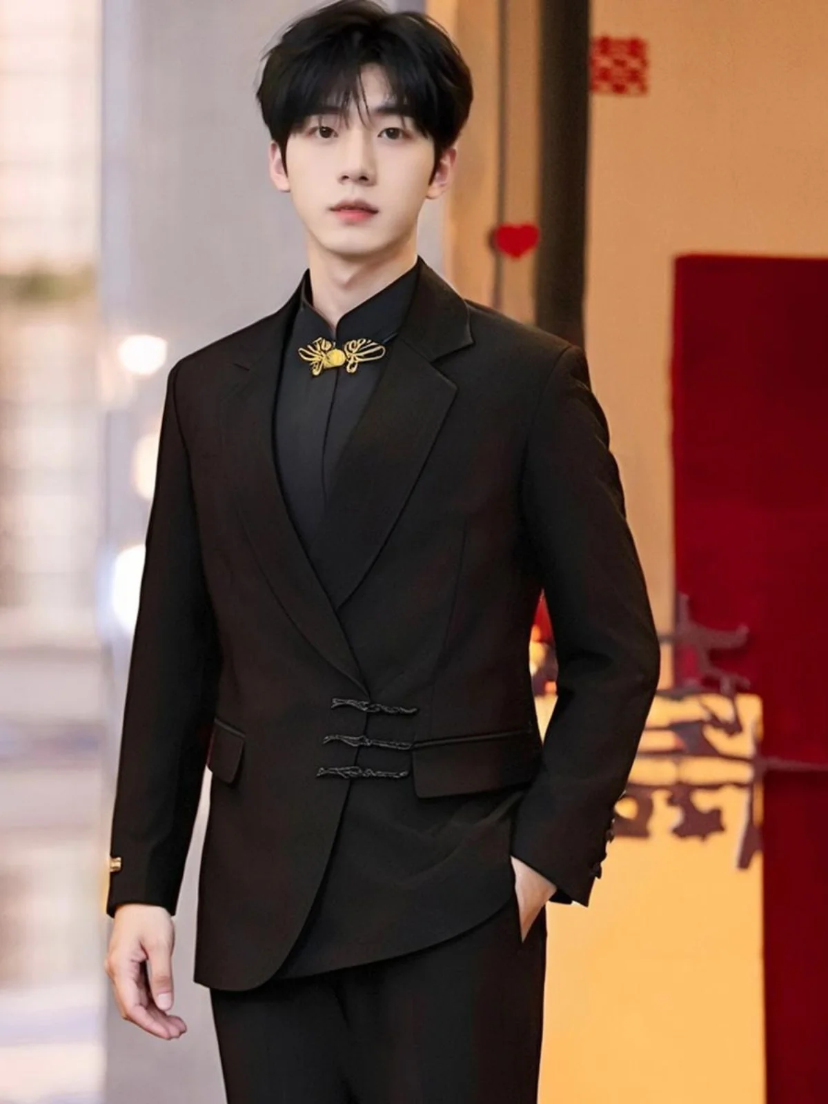 بدلة زفاف رجالية جديدة على الطراز الصيني، طقم بدلة مصممة خصيصًا للرجال بياقة واقفة وأكمام طويلة على الطراز الغربي، بدلة كاجوا... #4