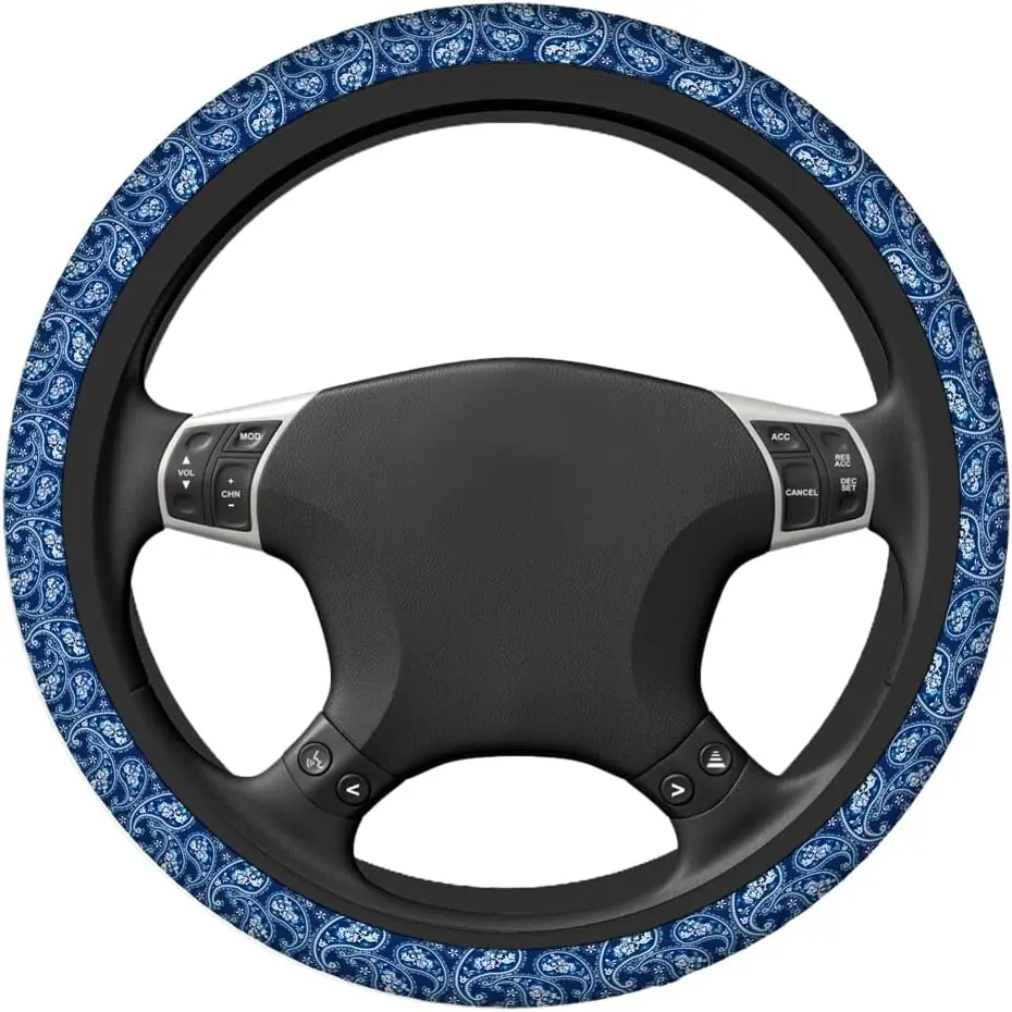 Paisley Blue Car Steering Wheel Covers Retro Blue Paisley Pattern Women Men Interior Accessories Universal 15 Inch Steerin