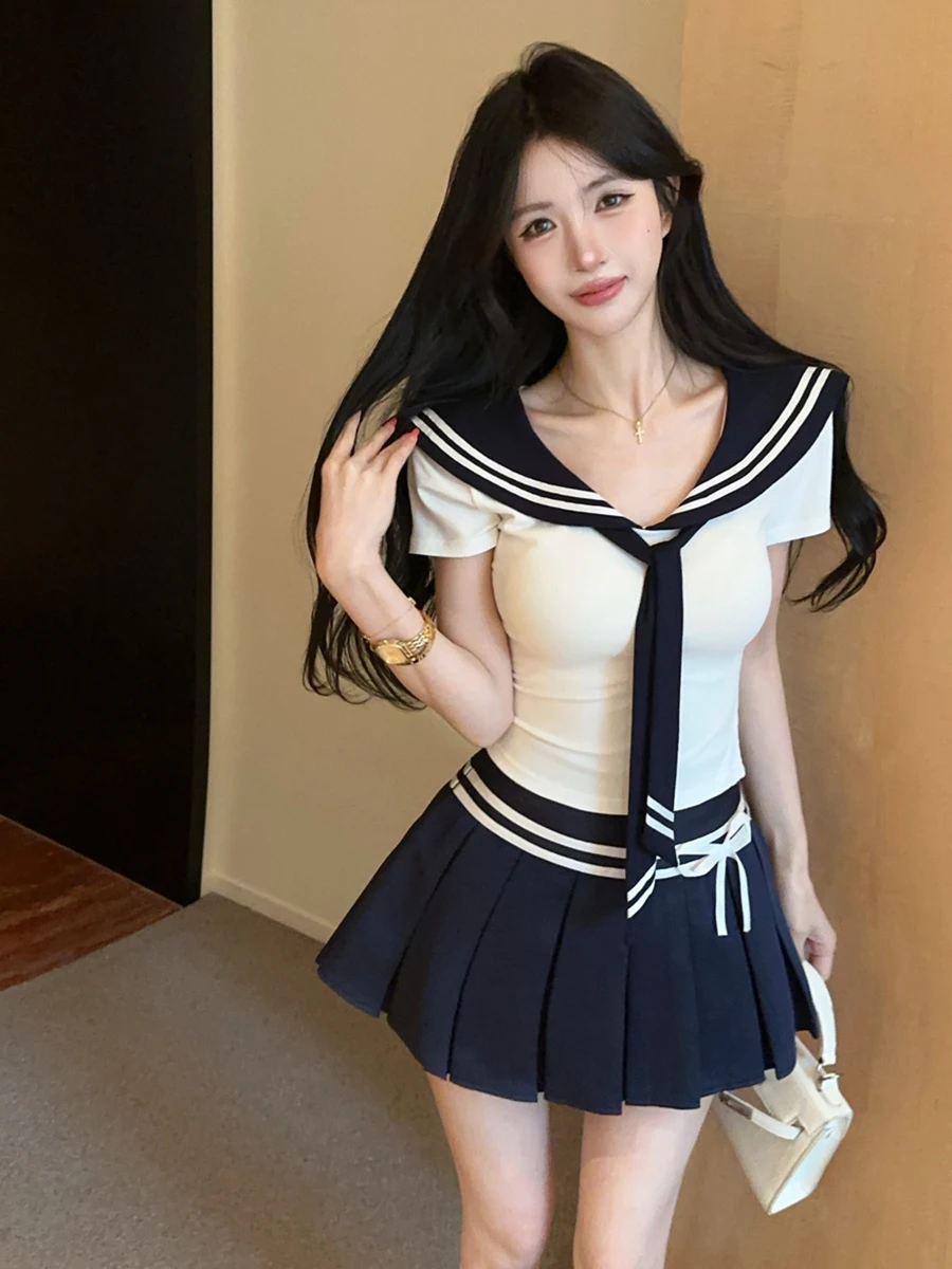 

Sweet Retro Japanese Style College Uniform JK Uniform Spicy Girl Navy Collar Short Sleeve High Waist Pleated Short Skirt Two ...