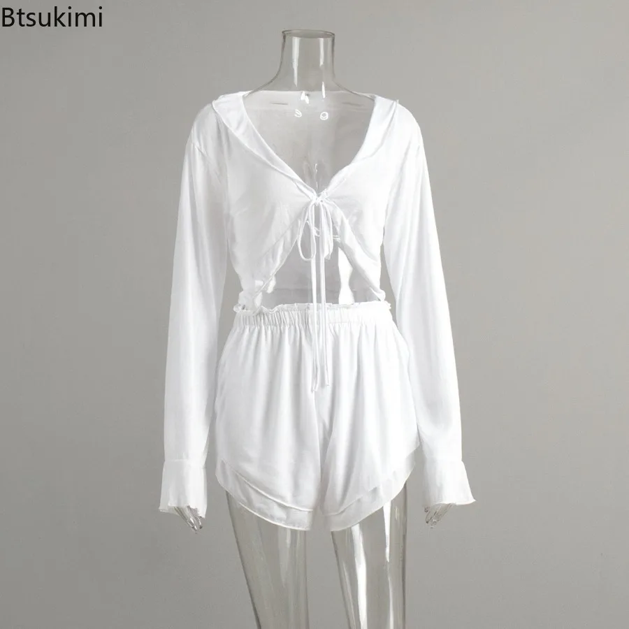 2025 Women's Lace Up Cardigan Shorts Pajama Set Summer Knitted Sexy Solid Color Short Top Pajamas Casual Home Clothes for Women