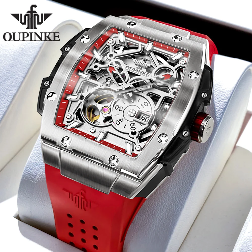 OUPINKE 3213 Luxury Tonneau Mens Skeleton Automatic Mechanical Wrist Watch For man Red Silicone Strap Waterproof Luminous Watch