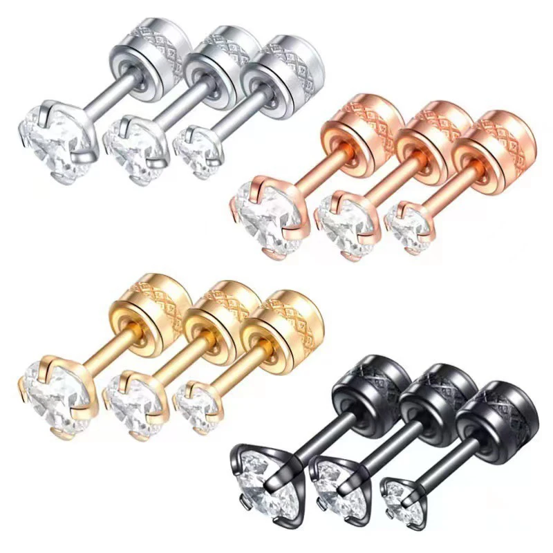 1PCS Screw Ear Studs Earrings Stainless Steel Double Crystal Zircon Korean Earrings For Women Anti Allergic Body Jewelry