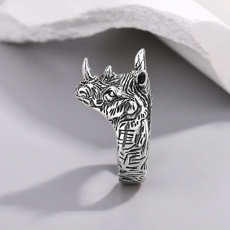 Personality Vintage Rhino Animal Design Thai Silver Man Punk Ring Jewelry Birthday Gifts Never Fade