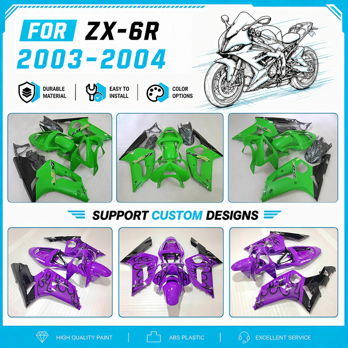 Custom Paint Fairings Motorcycle Fairing Kit Body Protection Cover Fit for ZX6R ZX 6R 2003 2004 03 04 ABS Plastic