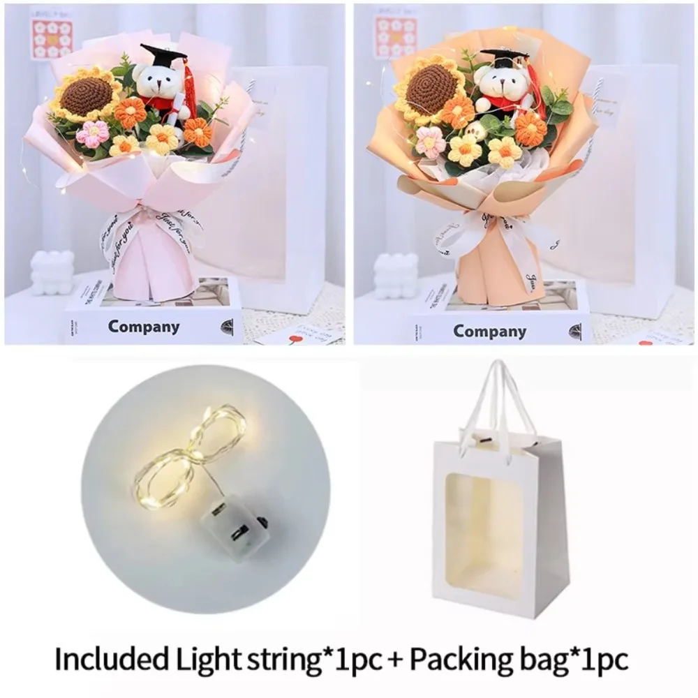 New Dr. Bear Graduation Bouquet with Light String Sunflower Plush Toy Lovely Bear Animal Bouquet Decoration Party Decor