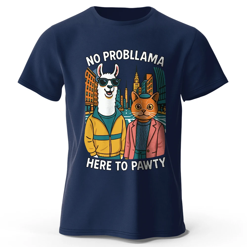 Men's No Probllama Here To Pawty Printed T-Shirt 100% Cotton Oversized Animal Pun Graphic Tees for Summer Tops Kawaii Streetwear