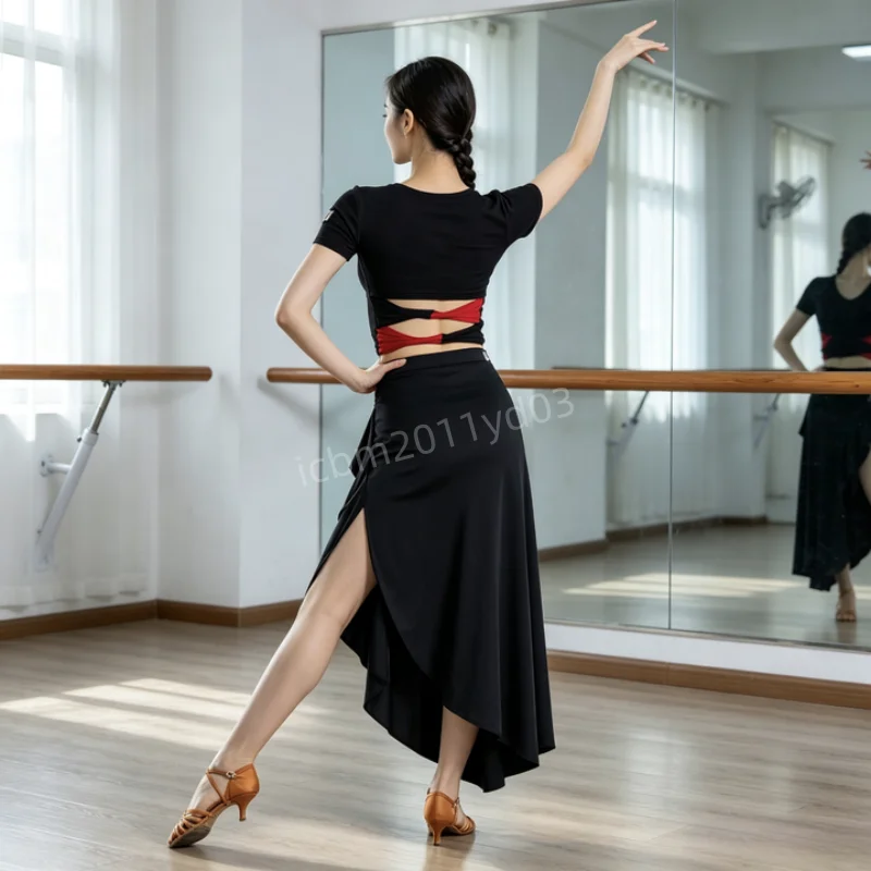黒ラテンダンストップス女性のセクシーな女性のダンス衣装標準ダンスドレス練習服ジャズ競技ドレススカートセット