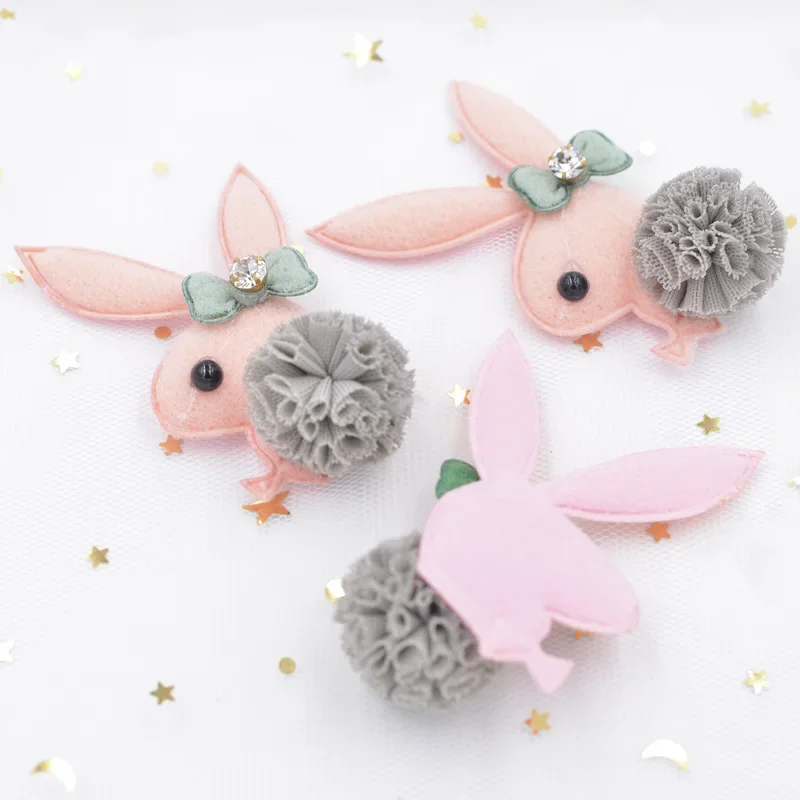 Plush Fabric Patch Bow Tie Rhinestone Chiffon Ball Cartoon Rabbit Applique for Clothing Craft Sticker DIY Hair Decor