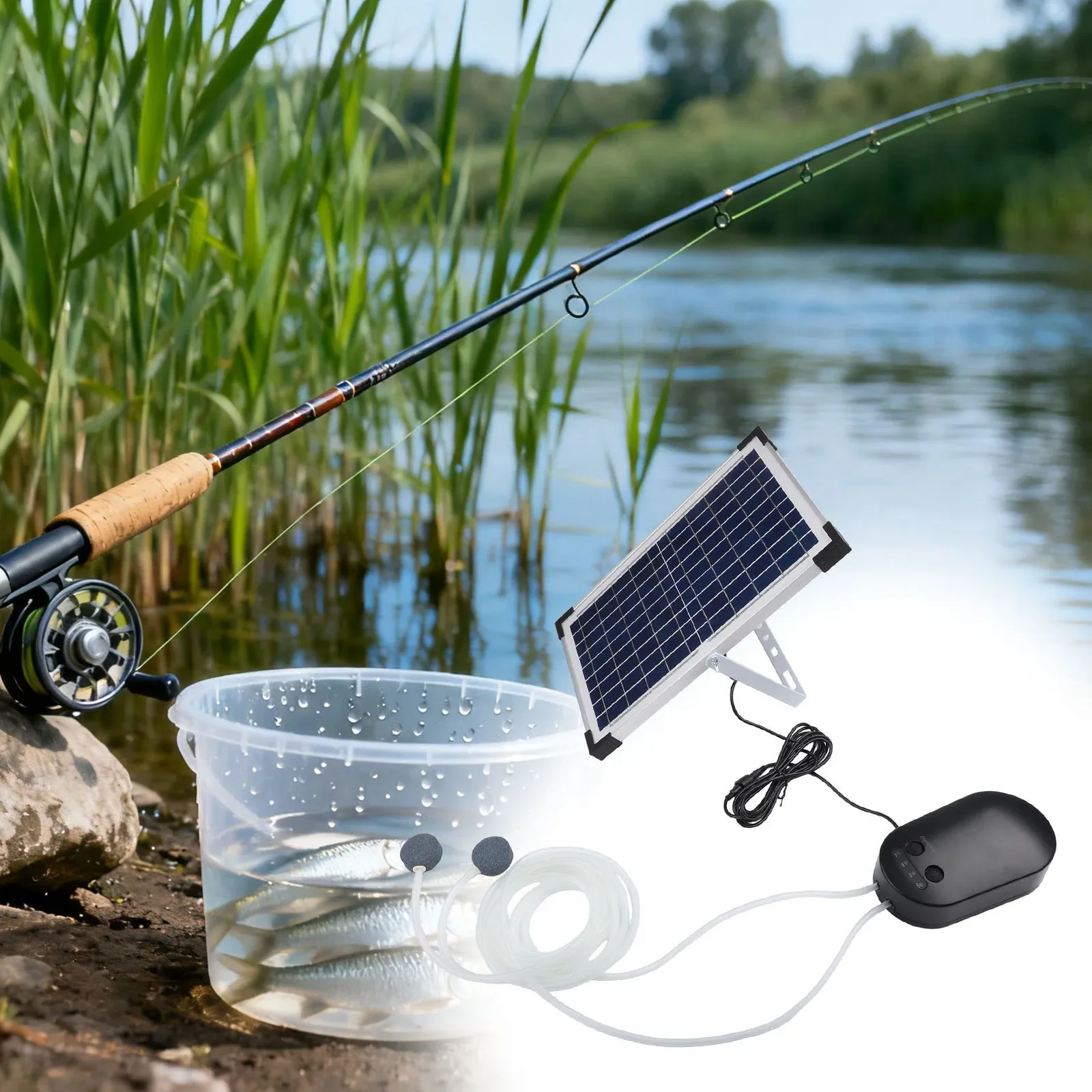 Solar Oxygen Pump 15W with Two Air Stones and Tube Adjustable Modes for Aquatic Environments Integrated Battery for Night Use