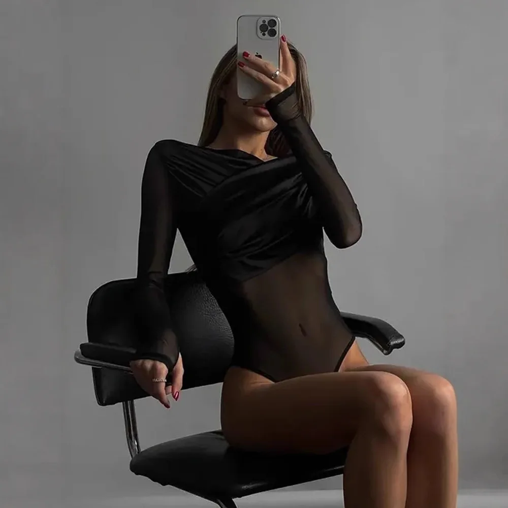 아프라반트 여성 오프숄더 바디수트 탑 루치드 롱 슬리브 메쉬 벨벳 패치워크 슬림 원피스 티셔츠 템퍼먼트 스트리트웨어