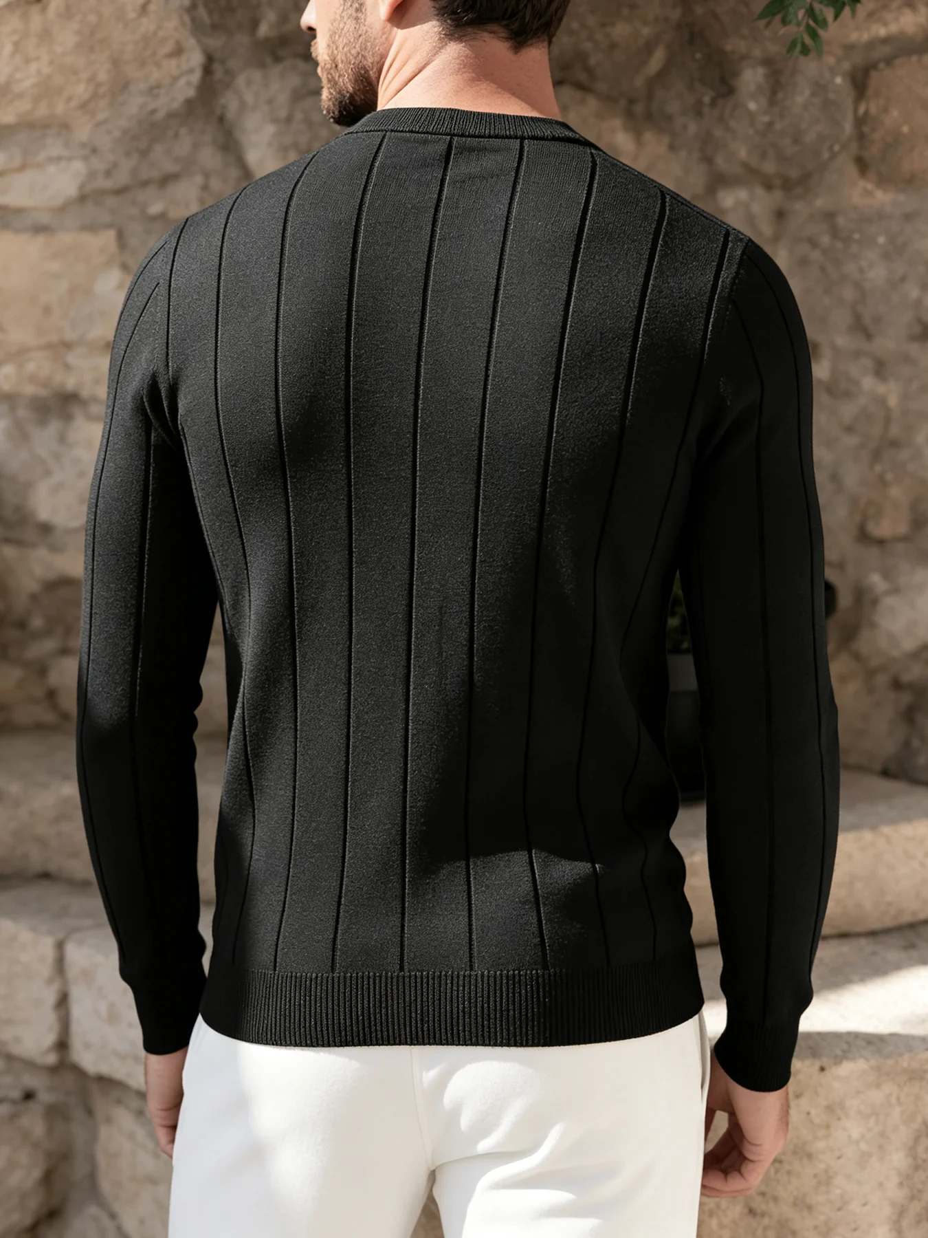 Herren Schwarzer Strickpullover 2026 Herbst Winter Lässiger Gerippter Rundhals-Pullover Slim Fit Langarm-Jumper Top Modische Streetwear – Detail 8