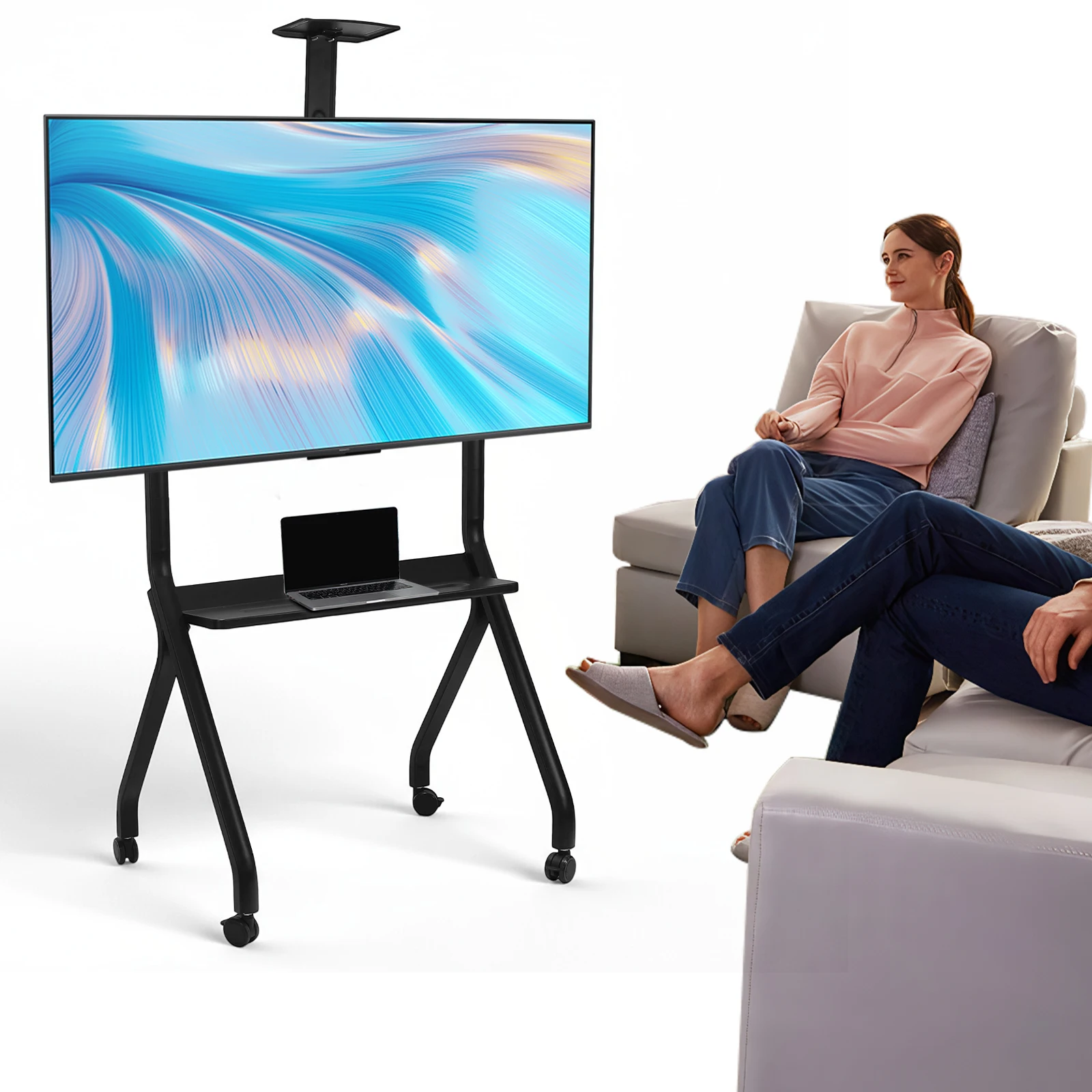 حامل اللوحة الذكية 42-75 بوصة 360 ° حامل هاتف محمول بعجلات دوارة، حامل سبورة بيضاء تفاعلي قابل للتعديل، 300 رطل #3